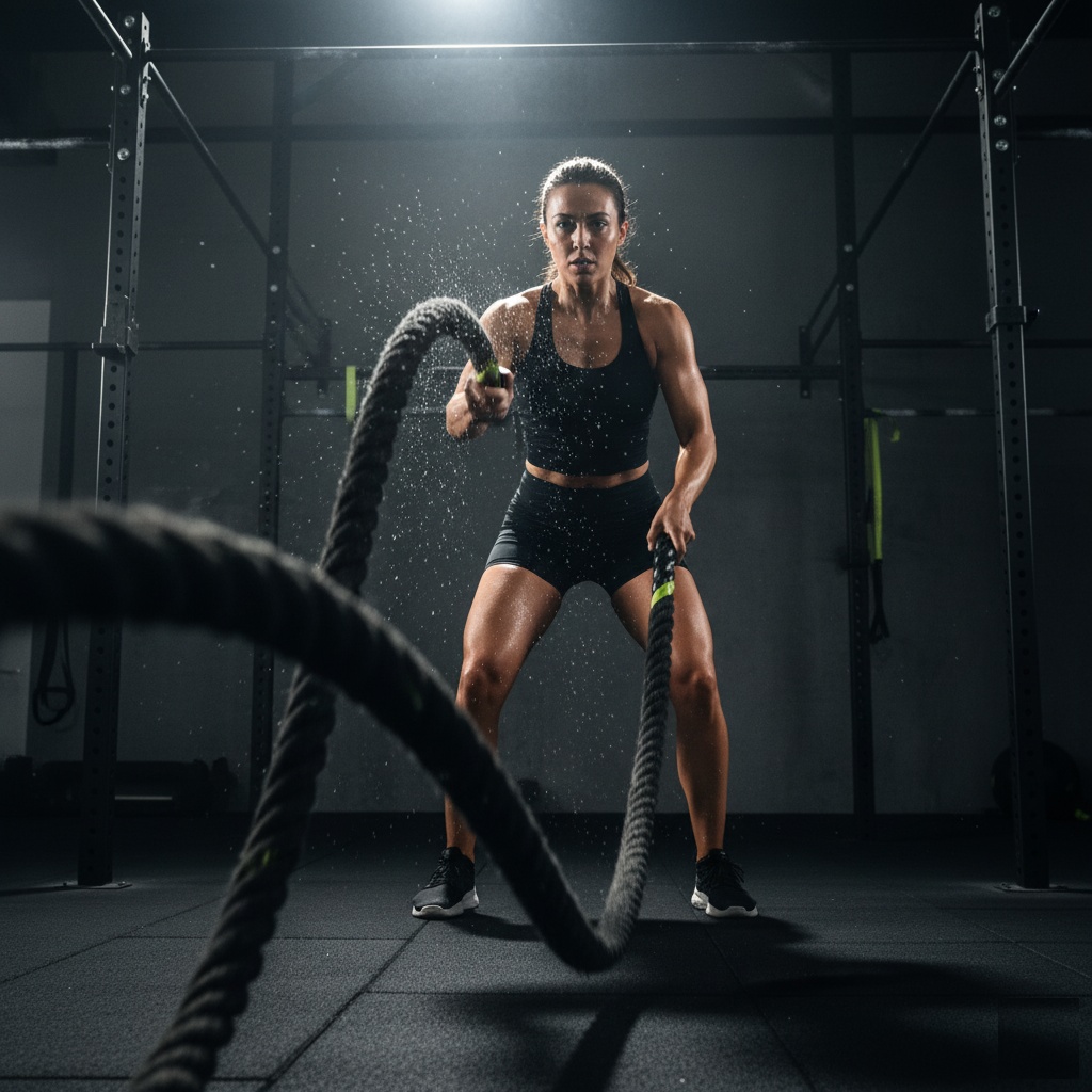 An athlete in mid-air during a box jump in a HIIT class.